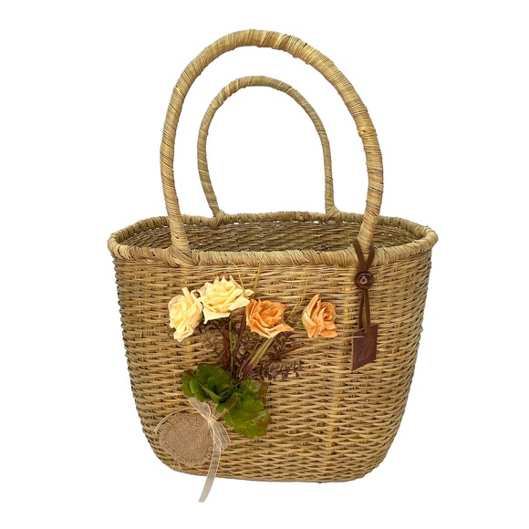 Jackyco Handbags - Handcrafted Tote Bag | Esparto Raffia Palm with Satin Bouquet | Handmade New